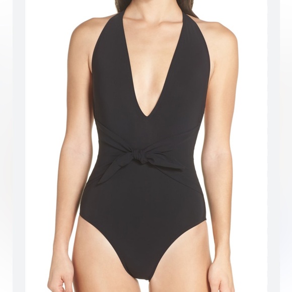 TORY BURCH solid Tie Halter One-Piece Swimsuit UPF L NWT plunge - Picture 5 of 11